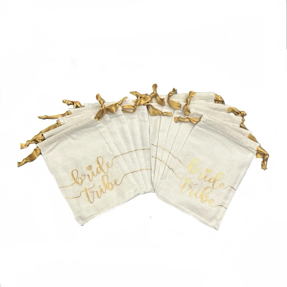 Bride Tribe Drawstring Favor Bags White‎ Gold Bachelorette Party Gift Set of 10